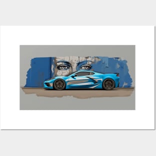 Rapid Blue C8 Corvette Stingray Supercar in front of a wall of graffiti with blue eyes looking back at you Sports car American Muscle car race car Posters and Art